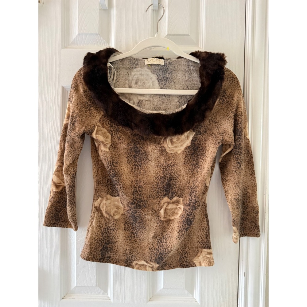 Vintage Caché Top M Y2K Rose Animal Print Fur Trim Romantic Grunge - Picture 6 of 8